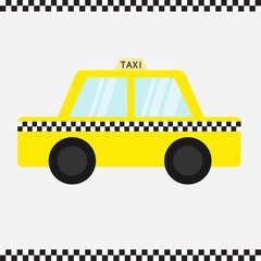 Taxi car cab icon. Cartoon transportation collection. Yellow taxicab. Checker line frame, light sign. New York symbol. Isolated. White background. © worldofvector