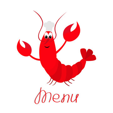 Lobster with claw. Chef hat. Cute cartoon character. Seafood restaurant menu sign symbol. Funny sea ocean animal. Baby collection. Flat design. Isolated. White background.