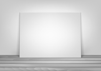 Vector Empty Blank White Mock Up Poster Picture Frame Standing on Wooden Floor with Wall Front View