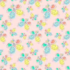 Vector seamless pattern with insect Hand drawn outline decorative endless background with cute drawn butterfly Graphic illustration. Line drawing. Print for wrapping, background, decor