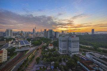Fototapeta na wymiar Aerial view of beautiful sunrise blue hour at Kuala Lumpur city skyline