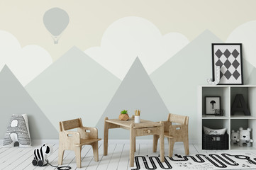 mock up wall in child room interior. Interior scandinavian style. 3d rendering, 3d illustration