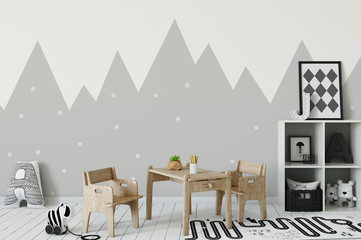 mock up wall in child room interior. Interior scandinavian style. 3d rendering, 3d illustration