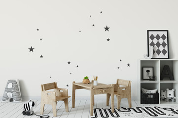 mock up wall in child room interior. Interior scandinavian style. 3d rendering, 3d illustration