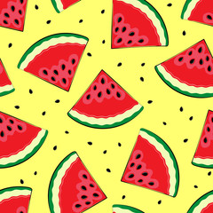 Seamless background with watermelon. Pieces of watermelon on a yellow background. Summer time. A simple pattern. Vector illustration.