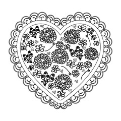 Obraz na płótnie Canvas silhouette heart with decorative frame and pattern of flower and butterflies vector illustration