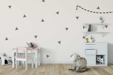 mock up wall in child room interior. Interior scandinavian style. 3d rendering, 3d illustration