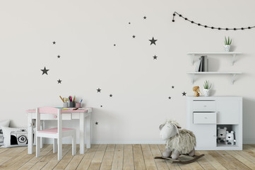 mock up wall in child room interior. Interior scandinavian style. 3d rendering, 3d illustration