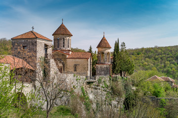 Georgia, Kutaisi. View inside and outside Motsameta monastery. The Tsar Bagrat III reconstructed...