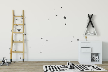 mock up wall in child room interior. Interior scandinavian style. 3d rendering, 3d illustration