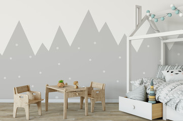 mock up wall in child room interior. Interior scandinavian style. 3d rendering, 3d illustration