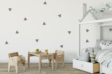 mock up wall in child room interior. Interior scandinavian style. 3d rendering, 3d illustration