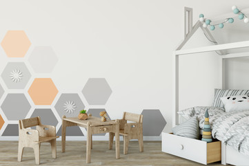mock up wall in child room interior. Interior scandinavian style. 3d rendering, 3d illustration
