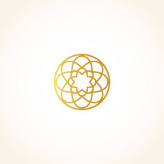 Isolated abstract round shape golden color logo, decorative luxurious gold logotype, floral pattern vector illustration on black background