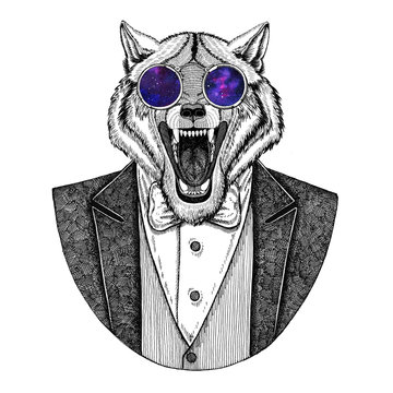 Wolf Dog Hipster animal Hand drawn image for tattoo, emblem, badge, logo, patch, t-shirt