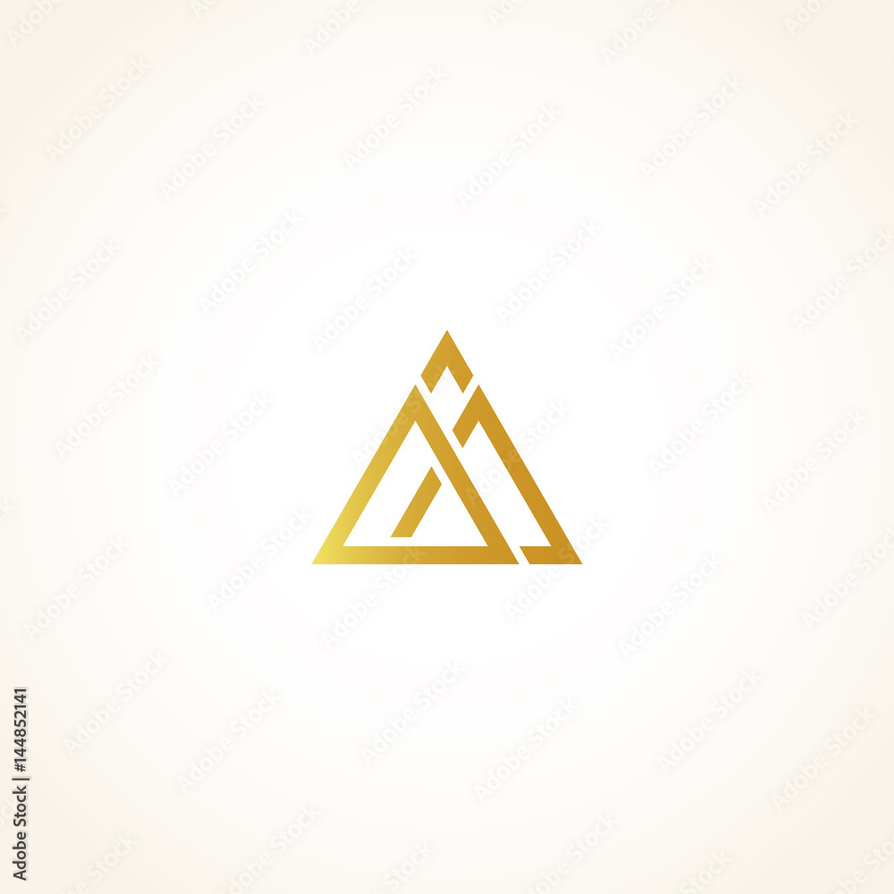 Poster isolated abstract golden color triangles contour logo on black background, geometric triangular shap