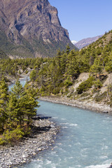 Fototapeta na wymiar Majestic landscape and blue river in Himalayas mountains in Nepal
