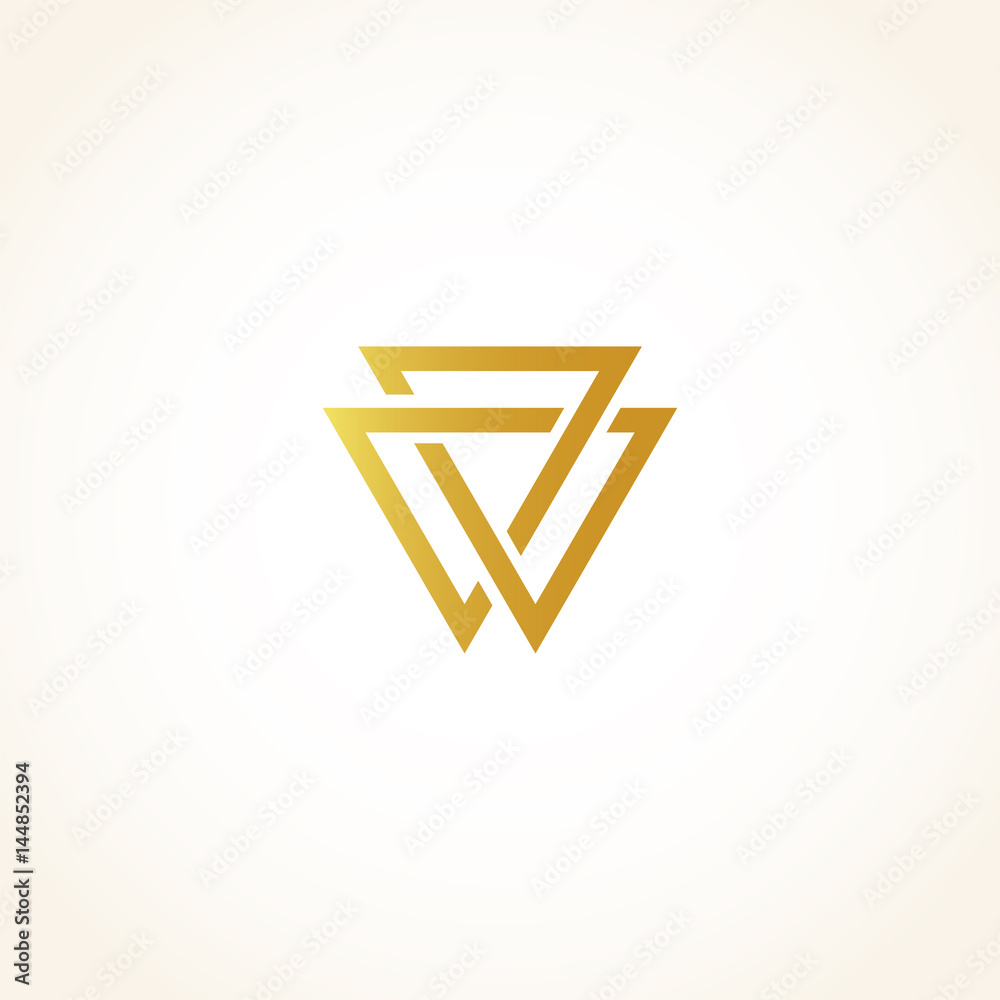 Poster isolated abstract golden color triangles contour logo on black background, geometric triangular shap