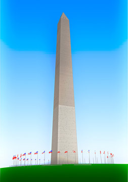 Illustration of the Washington Monument with tattered flags