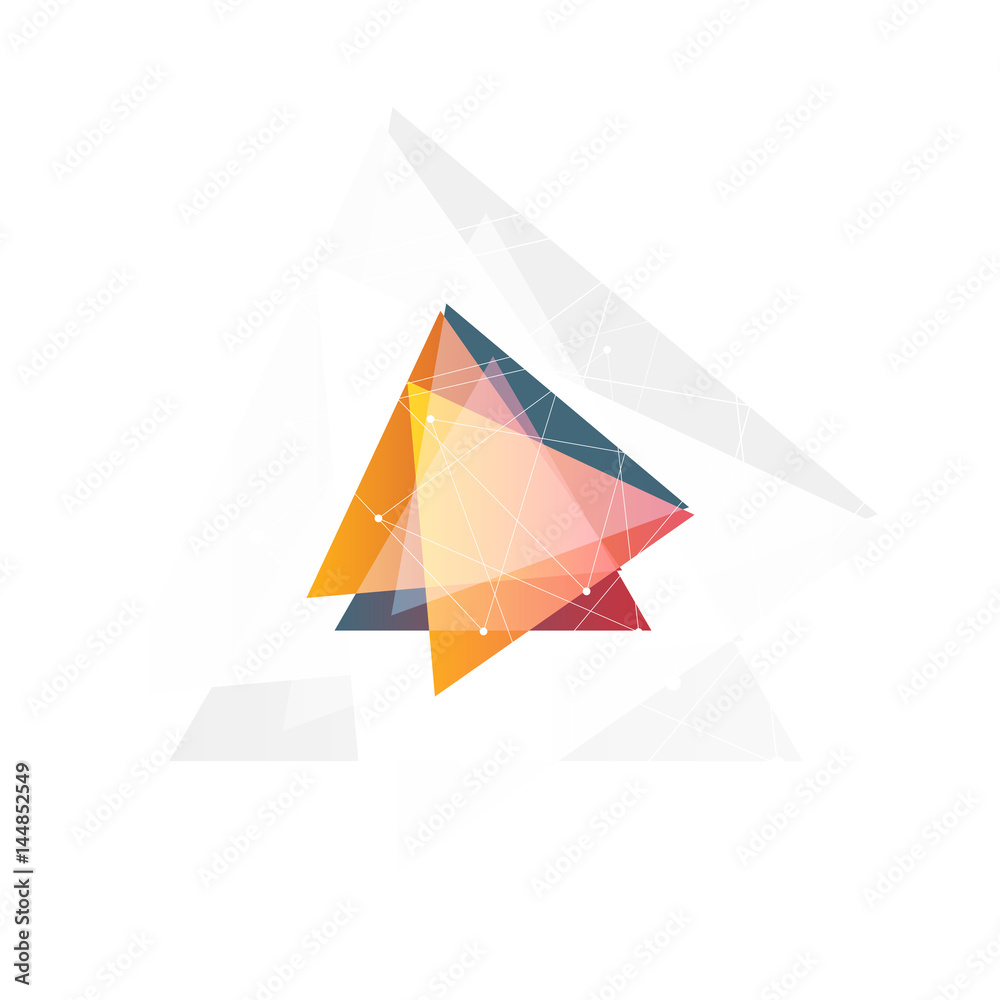 Poster isolated abstract pink and orange color triangle logo on black background, geometric triangular shap