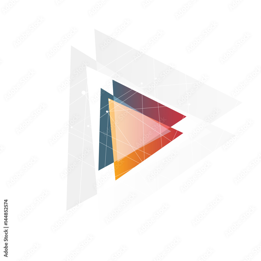 Poster isolated abstract pink and orange color triangle logo on black background, geometric triangular shap