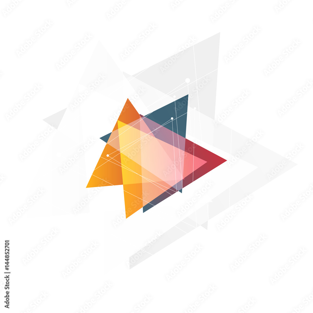 Poster isolated abstract pink and orange color triangle logo on black background, geometric triangular shap