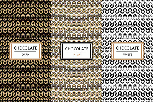 Chocolate Packaging design set. Vector collection of patterns for dark, milk and white chocolate package. Labels or tags for organic cocoa products, sweet desserts, cafe and candy shop.