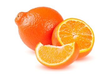 two orange tangerine or Mineola with slices isolated on white background