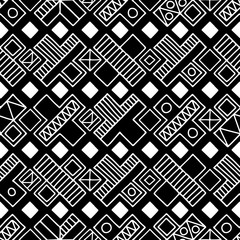 Seamless vector pattern. Black and white geometrical background with hand drawn decorative tribal elements. Print with ethnic, folk, traditional motifs. Graphic vector illustration.