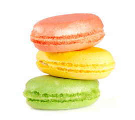 Three macaroons isolated on white background closeup