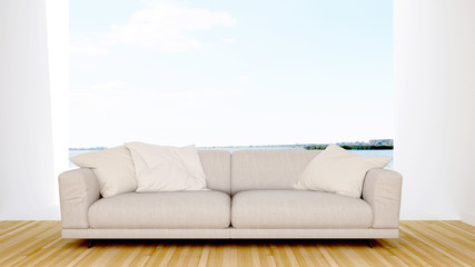 living area in hotel or condominium and lake view - 3d rendering