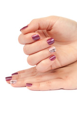 Beautiful female hands with manicure on white background