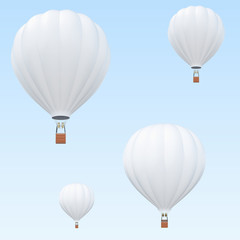 Fototapeta premium Hot Air balloons, white hot air balloons with basket on sky background. 3d rendering