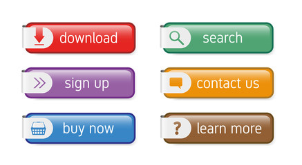 Set of six vector colorful plastic buttons for website isolated on white background