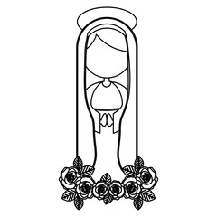 silhouette figure fasceless virgin maria cartoon with aureole on crown of roses vector illustration