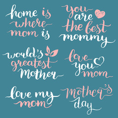 Happy Mothers Day hand lettering set for greeting cards, posters. Calligraphy vector illustrations collection.