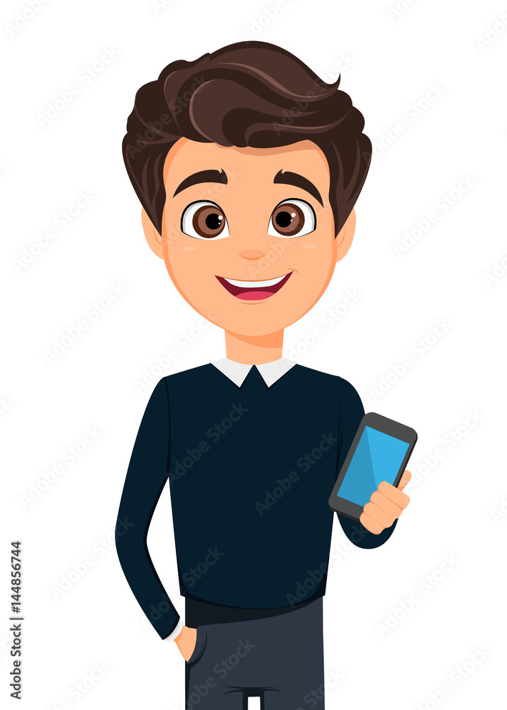 Wall mural Business man cartoon character. Young handsome businessman in smart casual clothes holding smartphone - stock vector