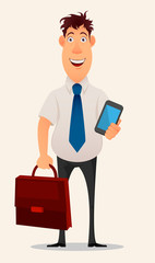 Business man cartoon character. Smiling businessman in office shirt and trousers holding laptop and document case - stock vector