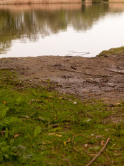 The Edge of the River Bank at a Low Angle on a Wet and Rainy Spring Day