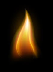 Realistic candle flame element isolated on black background vector illustration.
