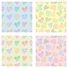 Set of seamless vector patterns with hearts. Background with hand drawn ornamental symbols and decorative elements. Decorative repeating ornament. Graphic illustration.Series of Love Seamless Patterns