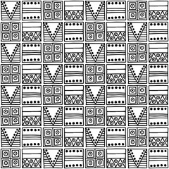 Seamless vector pattern. Black and white geometrical background with hand drawn decorative tribal elements. Print with ethnic, folk, traditional motifs. Graphic vector illustration.