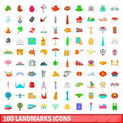 100 landmarks icons set, cartoon style