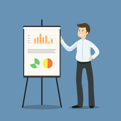 Young businessman or manager standing next to flipchart, presenting graphs and statistics - flat vector illustration