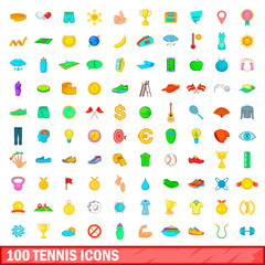 100 tennis icons set, cartoon style