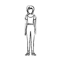 blurred sketch contour body faceless woman with t-shirt and pants retro style vector illustration