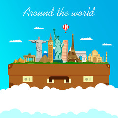 Naklejka premium Travel around world, tourism. Landmarks on the globe. Vector illustration.
