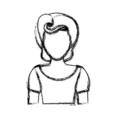 blurred silhouette drawing of faceless half body woman with t-shirt and pin up swirl hairstyle vector illustration