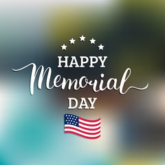 Vector Happy Memorial Day card. National american holiday illustration with USA flag.Festive poster with hand lettering. - obrazy, fototapety, plakaty