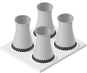 Vector isometric cooling system of nuclear power plant, isolated on white background. Four cooling towers of power station. Concrete thermal power plant towers. Industrial architecture.
